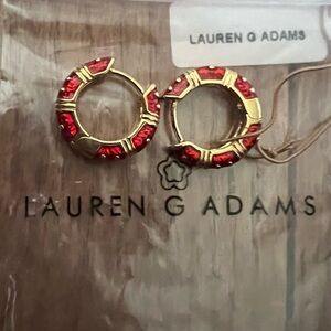 Lauren G Adams Red Crystal Gold Huggies Hoop Earrings